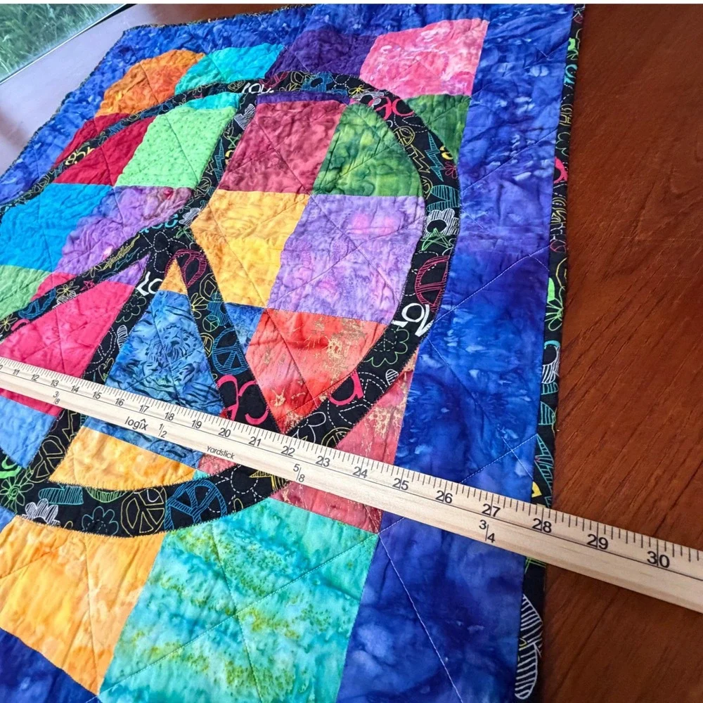 Handmade Batik Patchwork Rainbow Peace Sign Quilted Wall Hanging 28x28 Groovy